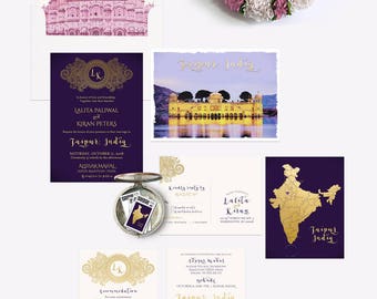 Jaipur Rajasthan India Destination wedding invitation Asia Indian Wedding Lilac Purple Eggplant Gold illustrated wedding Deposit Payment