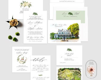 Charleston South Carolina Lowcountry Legare Waring House illustrated Destination wedding invitation Vintage Oak Tree Spanish Moss Deposit