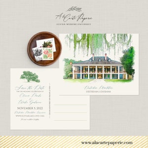 Destrehan Plantation LA Louisiane Destination mariage illustrations à l'aquarelle de carte postale Save the Date - Paiement de l'acompte