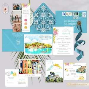 Portofino Liguria Italy Destination wedding invitation European watercolor Illustrated Wedding Invitation - Deposit Payment