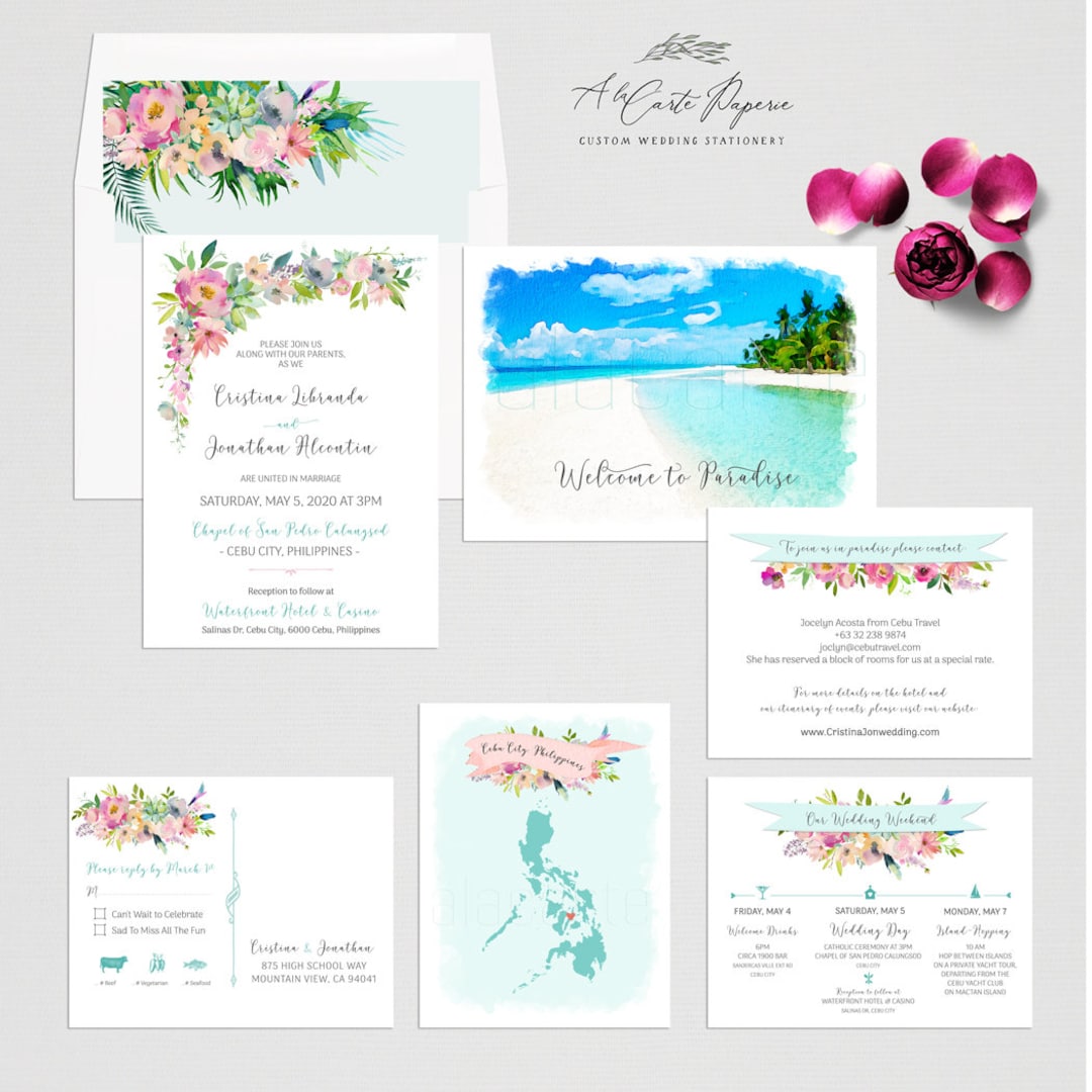 Philippines Destination Illustrated Wedding Invitation Watercolor Cebu ...