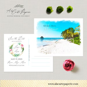 Casamento no destino Riviera Maya México Salve a data Cartão postal Cancún Puerto Morelos Playa del Carmen aquarela ilustrada Depósito Pagamento