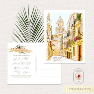 Malaga Spanien Andalusien Spanische Hochzeit Save the Date Postkarten mit Aquarellzeichnung
