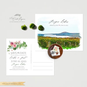 Finger Lakes New York NY State USA Vineyard Destination mariage Save the Date illustrations aquarelles de carte postale - Paiement de l'acompte