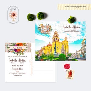 Guanajuato Mexiko Hochzeitsort Hochzeit Save the Date Postkarte Aquarell Illustrierte Mexikanische Kirche Blumenkarte - Listing ist NUR für ANZAHLUNG