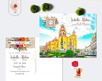 May include: Save the date postcard with a watercolor illustration of a church in Guanajuato, Mexico. The text reads "Isabella & Matias, May 28, 2026, Guanajuato, Mexico".