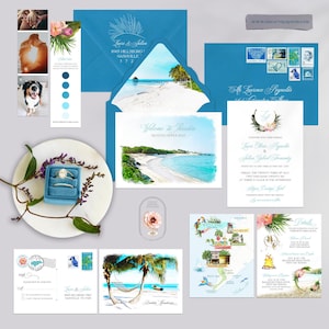 Convite para casamento em Honduras Roatan Half Moon Bay, cartões de casamento ilustrados em aquarela da América do Sul, listagem SOMENTE PARA DEPÓSITO