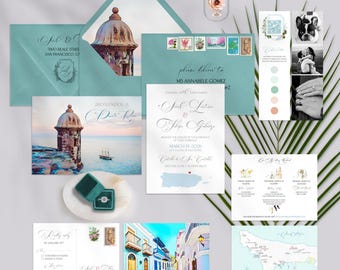 PRINTED Puerto Rico Old San Juan Destination Wedding Invitation Set with Watercolor illustrations -DEPOSIT Payment