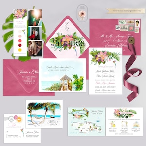 Ocho Rios jamaïcain, aquarelle illustrée de fleurs tropicales à destination de la plage, faire-part de mariage à destination de la carte, carte pour le dépôt uniquement
