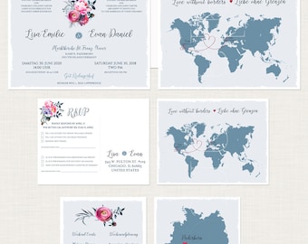 Bilingual Destination Wedding Invitation World Map Dusty Blue Pink Floral German English Language Love without borders - DEPOSIT Payment