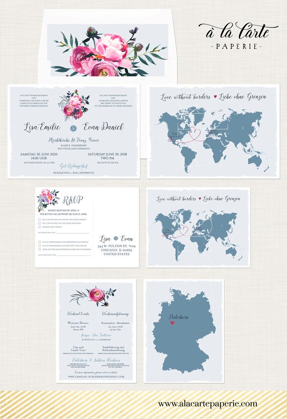 Bilingual Destination Wedding Invitation World Map Floral Etsy