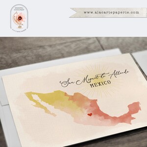 Puede incluir: Papeler&iacute;a de boda con un mapa en acuarela de M&eacute;xico, destacando San Miguel de Allende con un coraz&oacute;n. El dise&ntilde;o incluye el texto "San Miguel de Allende MEXICO" en escritura elegante, con un dise&ntilde;o de rayos de sol.