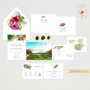 Convite para casamento em aquarela ilustrado no Lago Atitlan, Guatemala, local de desenho, casamento tropical sul-americano - pagamento de depósito