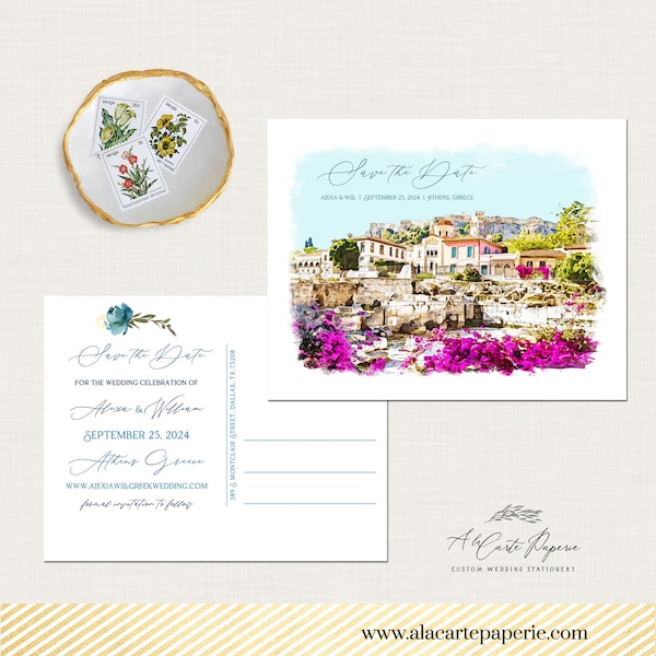 Athens Greece Destination wedding save the date postcard watercolor illustrated wedding invite save the date- DEPOSIT PAYMENT