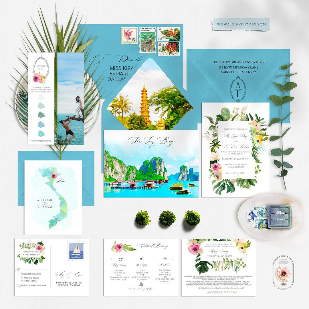 Buy PRINTED Vietnam Hanoi Ha Long Bay Destination Wedding Invitation Asia  Tropical Watercolor Illustrated Wedding Invite Set Deposit Payment Online 