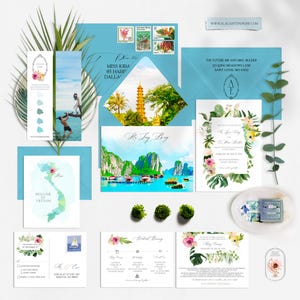Vietnam Hanoi Ha Long Bay Destination wedding invitation Asia Tropical beach watercolor Illustrated wedding invite set  - Deposit Payment