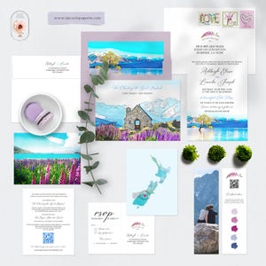 New Zealand Lake Tekapo Watercolor Illustrated Destination Wedding Invitation South Island Set Deposit Payment
