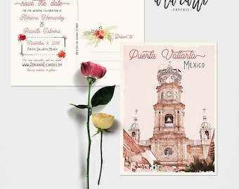 Mexico Puerto Vallarta save the date postcards with illustration -  Deposit Payment