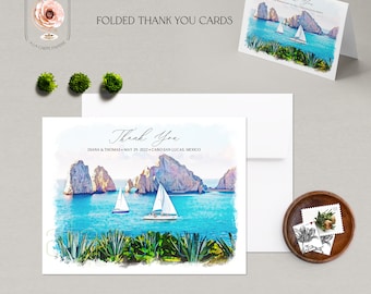 Cabo San Lucas Mexico Bedankkaart Briefkaart of Gevouwen Kaarten Aquarel Geïllustreerde Mexicaanse Bestemming Bruiloft Bedankkaarten