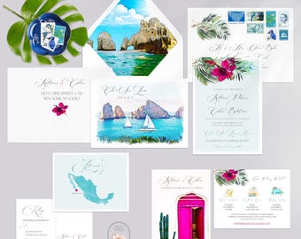 PRINTED Cabo San Lucas Los Cabos Mexico &#39;Fuchsia&#39; Watercolors Destination Wedding Invitation Set - Deposit Payment