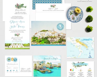 Puglia Apulia Calabria Basilicata Italy Southern Italian Destination Wedding Watercolor Illustrated Wedding Invitation set - Deposit Payment