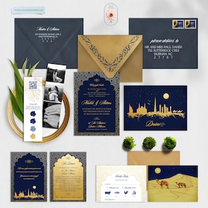 Dubai United Arab Emirates illustrated Destination wedding invitation Arabian Nights Navy Blue Gold wedding invitation Deposit Payment