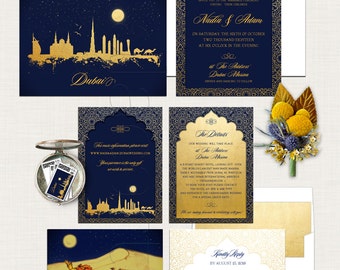 Dubai United Arab Emirates illustrated Destination wedding invitation Arabian Nights Navy Blue Gold wedding invitation Deposit Payment