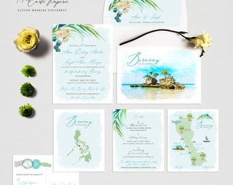 Boracay Island Philippines Destination wedding invitation Filipino Wedding Blue bilingual watercolor illustrated wedding set Deposit Payment