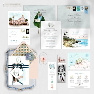 La Jolla California San Diego CA La Valencia Destination Wedding Invitation Watercolor Illustrated Wedding Invitation Suite Deposit Payment