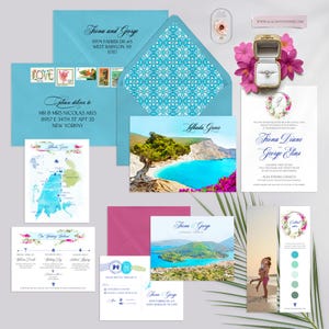 Greece Lefkada Destination Wedding Invitation Set Greek Island European Wedding Watercolor Illustrated Wedding Invites Map - Deposit Payment