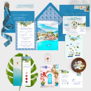 Wedding Invitation Kefalonia Greece Greek Island Destination Wedding Set European wedding watercolor illustrated invitation -Deposit Payment