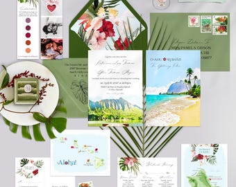 Könnte beinhalten: Hochzeitspapeterie-Set mit tropischem Thema. Enthält Einladungen, Antwortkarten, eine Karte und einen Umschlag mit Blumen- und Vogelillustrationen. Die Farbpalette umfasst Grün, Rot und Weiß.
