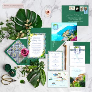 Costa Amalfitana Itália Positano Conjunto de convites para casamento ilustrados em aquarela Azulejos azuis Limões Casamento mediterrâneo Depósito Pagamento