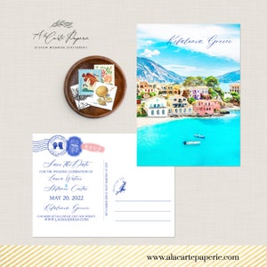 Faire-part de mariage à destination de Céphalonie, Grèce, île grecque d'Europe, réservez une date, carte postale d'invitation illustrée à l'aquarelle Paiement par acompte