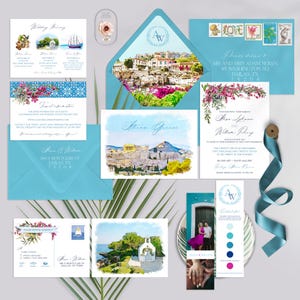 Faire-part de mariage à destination d'Athènes, Grèce, faire-part de mariage européen grec, carte illustrée à l'aquarelle florale - Paiement de l'acompte
