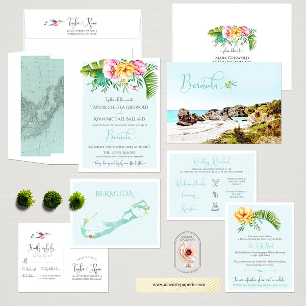 Bermuda Tropical Destination Wedding Invitation Beach Caribbean Island Watercolor Illustrated Wedding Invitation Set - Deposit Payment