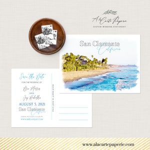 Postales para guardar la fecha de boda en San Clemente, California, EE. UU., acuarela ilustrada - Pago de depósito