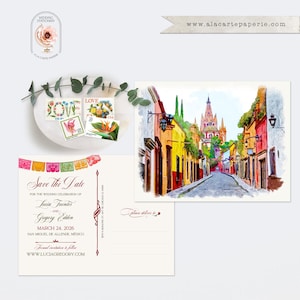 San Miguel de Allende México Salve a Data Cartão Postal Aquarela Cartões de Casamento de Destino Mexicano Banner Floral Picado da Igreja PAGAMENTO DE DEPÓSITO