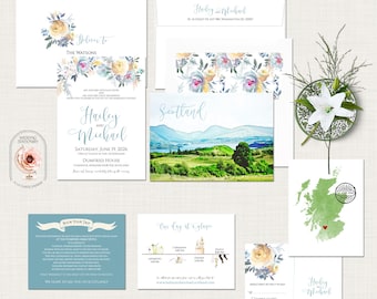 Scotland UK Watercolor Illustrated  Wedding Invitation Suite Scottish Destination Wedding Invitation Suite -  Deposit Payment