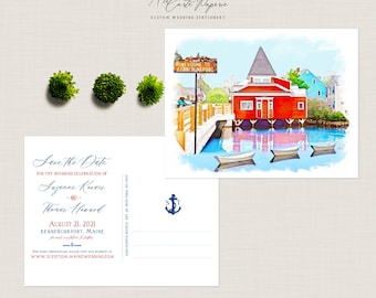 Kennebunkport Maine Save the Date Postcard, Watercolor Lighthouse (Digital or Printed)