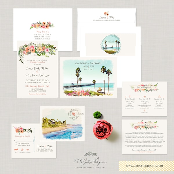 San Clemente CA California Destination Wedding Invitation Watercolor Illustrated Beach Wedding Invitation Set- Deposit Payment