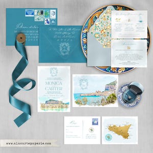 Sicile Italie Cefalu Illustré à l'aquarelle Ensemble de faire-part mariage à destination Paiement acompte