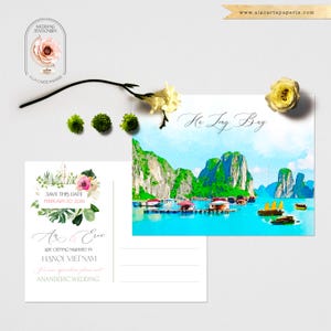 Vietnã Hanói Baía de Ha Long Ásia Salve a Data Cartão Postal Destino Casamento Praia Tropical Aquarela Convites Ilustrados Depósito Pagamento