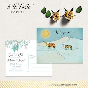 Cartes postales illustrées pour mariage arabe du désert du Maroc et réservez cette date Faire-part de mariage à destination bleu turquoise - Paiement de l'acompte