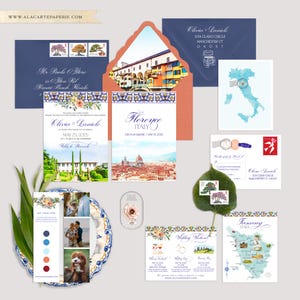 Florence Tuscany Italy Villa Piazzole Destination Wedding Invitation Set Watercolor Illustrated European Wedding Invitation Deposit Payment