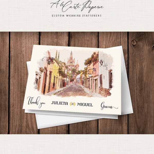 Mexico San Miguel de Allende Boda Tarjetas de Agradecimiento POSTALES o tarjetas DOBLADAS Ilustradas Acuarela Destino boda