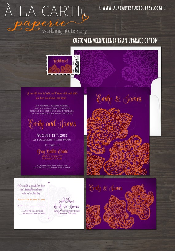 Indian Style Wedding Invitation RSVP Purple Gold