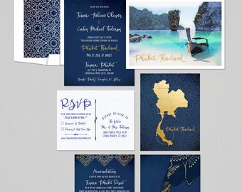 Thailand Phuket Asia Destination wedding invitation Thai Wedding Blue Gold bilingual illustrated wedding invitation Deposit Payment