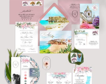 Portugal Algarve Wedding Invitation Suite – Watercolor Illustrated Destination Stationery DEPOSIT for PRINTED invitations