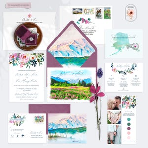 Juneau Alaska USA Watercolor Illustrated Destination Wedding Invitation Set Mountains Nature Wild Flowers - This listing is for DEPOSIT ONLY